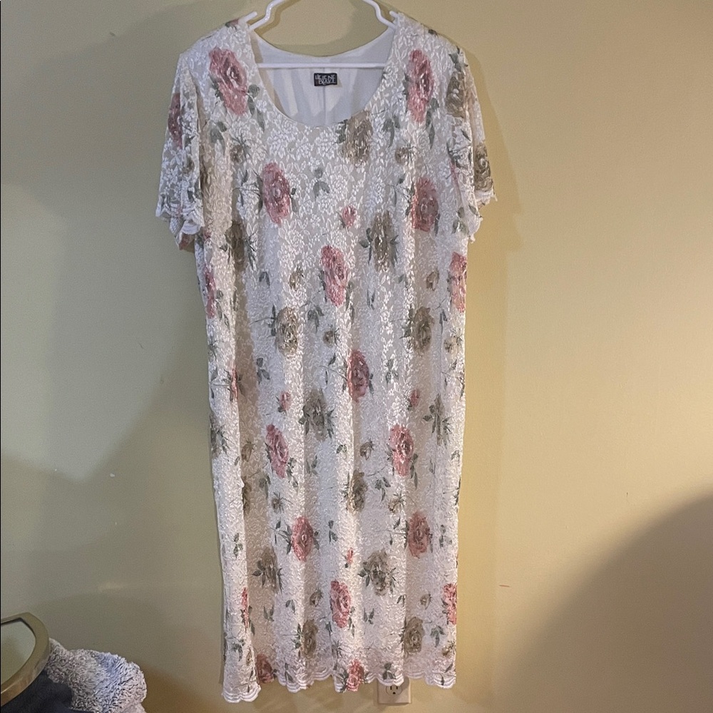 Helene Blake Vintage Floral Lace Dress with Pink and Green Floral Print